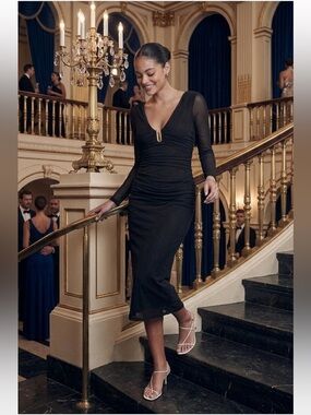 Anthropologie Formal Evening Midi Dress, Black Ruched Mesh Detail,  Size L NWT
